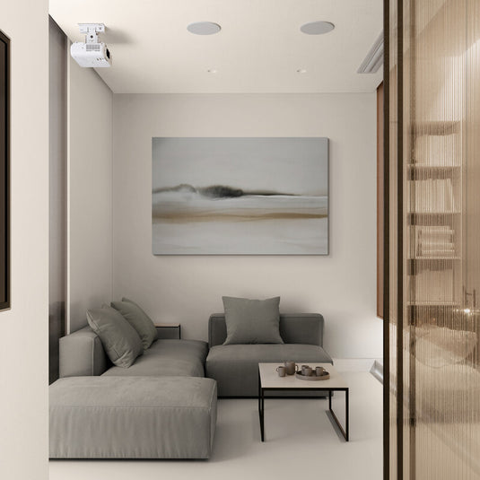 Cuadro decorativo minimalista con paisaje abstracto en tonos tierra y gris estilo montañoso con niebla