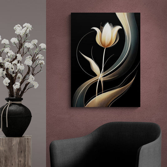 Obra de arte de tulipán dorado con líneas finas sobre fondo negro