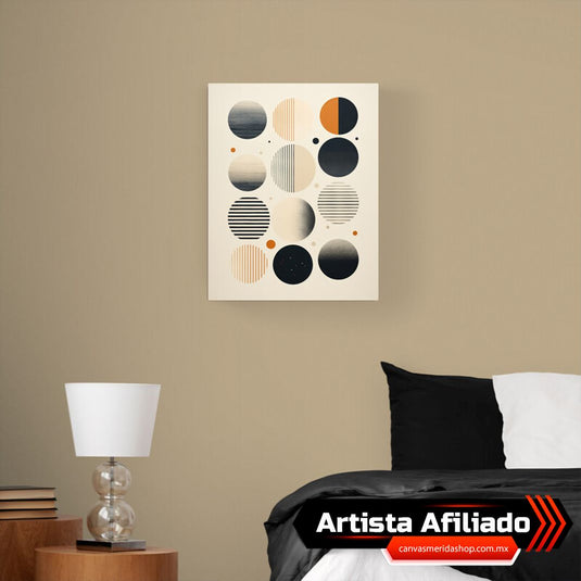 "Composición abstracta de círculos con texturas y gradientes en tonos tierra y grises