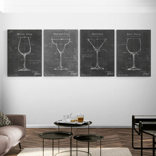 Set de cuadros minimalistas planos técnicos de copas de vino y cócteles en blanco y negro para decoración moderna