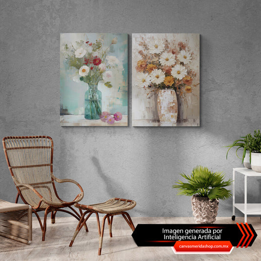 Set de Dos Cuadros al Óleo 'Dualidad Botánica' Representando Flores Blancas en Jarrón Azul y Follaje en Tonos Pasteles y Amarillos