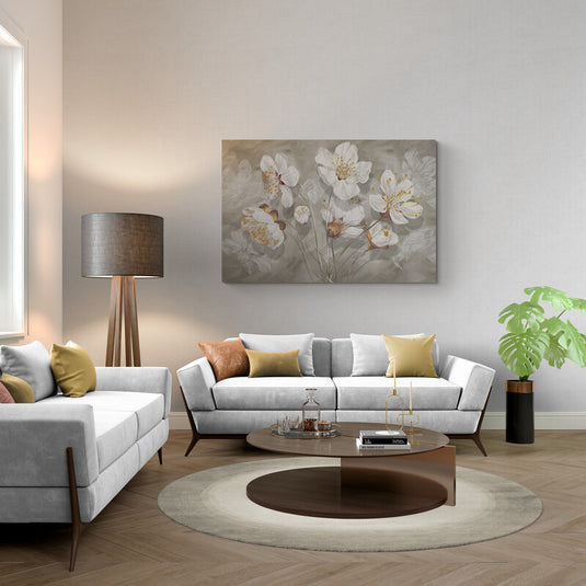 Imagen Abstracta de Flores Blancas Sobre Fondo Gris-Beige - Arte Floral Contemporáneo y Elegante con Sombreado Sutil para Decoración.