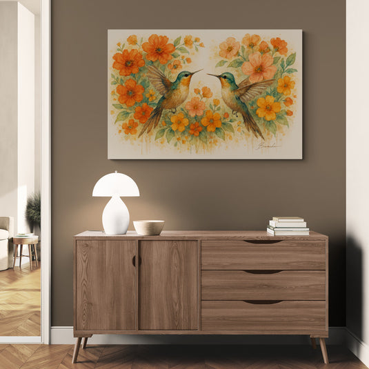 Colibríes alimentándose entre flores naranjas en acuarela