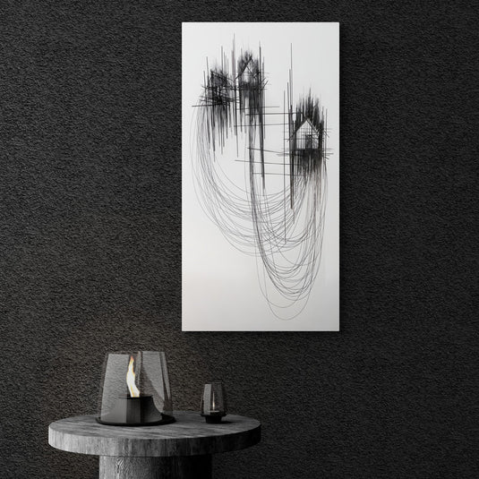 Arte abstracto geométrico con casas suspendidas en líneas negras