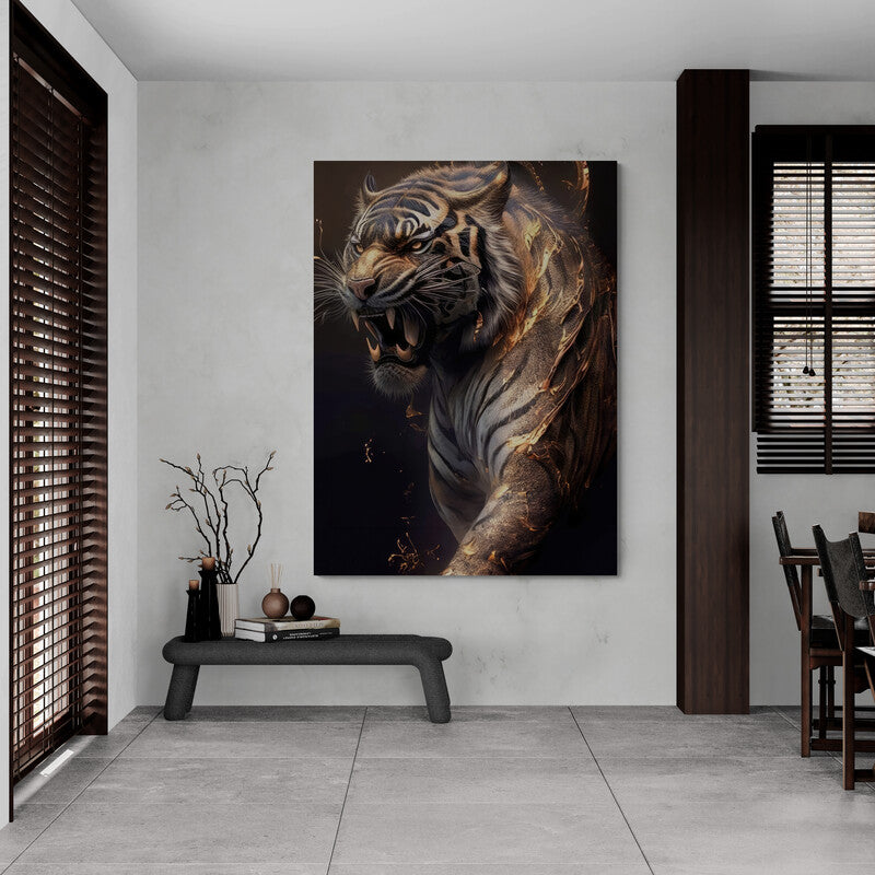 Arte digital de tigre desintegrándose con detalles hiperrealistas