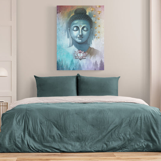 Buda azul con flor de loto y fondo etéreo en tonos pastel.