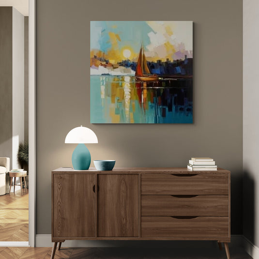 Cuadro decorativo de velero al atardecer con reflejo en el mar estilo artístico moderno en tonos cálidos y azules