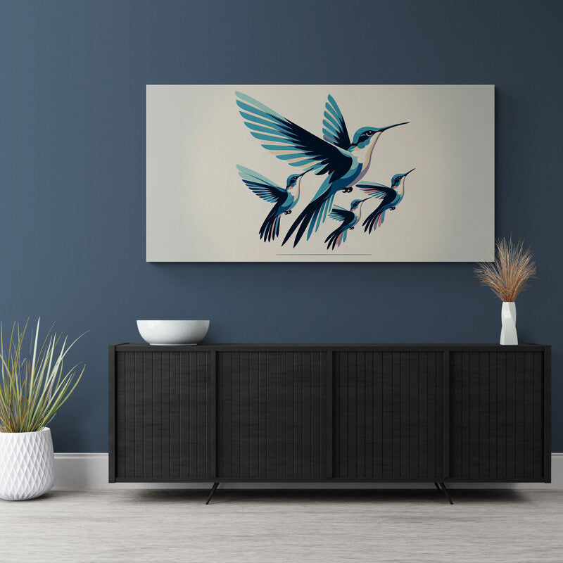 Tres colibríes estilizados en tonos de azul y turquesa