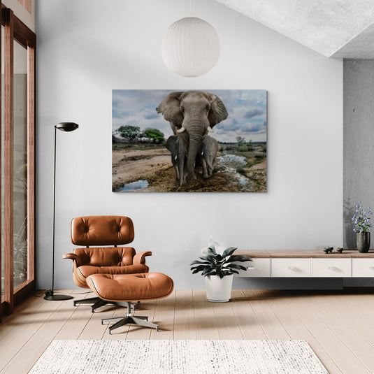 Cuadro de arte de elefantes africanos, ideal para decoración moderna y natural.