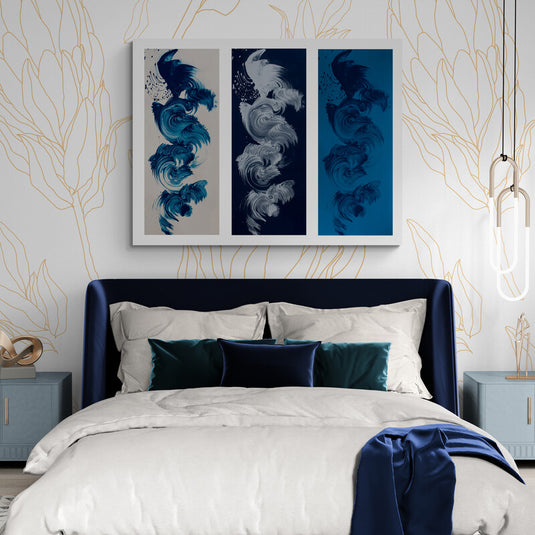 Set Decorativo de Cuadros Contemporáneos: Transiciones y Remolinos en Tonos Azules y Gris Claro