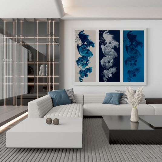 Set Decorativo de Cuadros Contemporáneos: Transiciones y Remolinos en Tonos Azules y Gris Claro