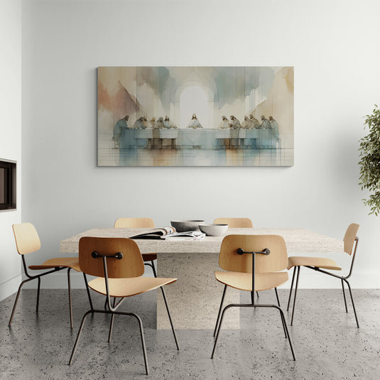 Interpretación contemporánea de La Última Cena en acuarela minimalista