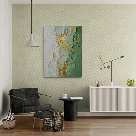 Cuadro abstracto en verde, blanco y dorado con textura en relieve