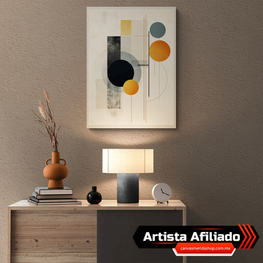 Composición geométrica con círculos y rectángulos en tonos tierra