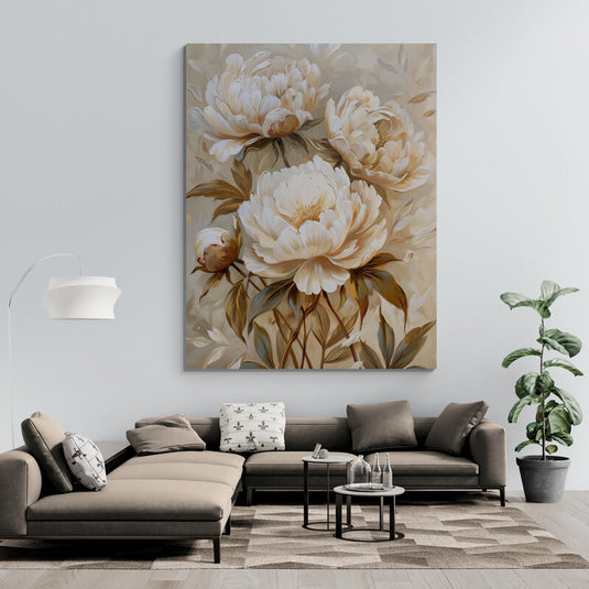 Peonías en tonos crema y beige con hojas doradas