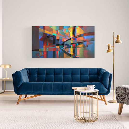 Arte abstracto geométrico de ciudad con reflejos vibrantes