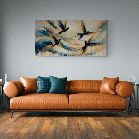 Colibríes en vuelo con paleta de colores cálidos y fríos, representando dinamismo y serenidad en la pintura abstracta