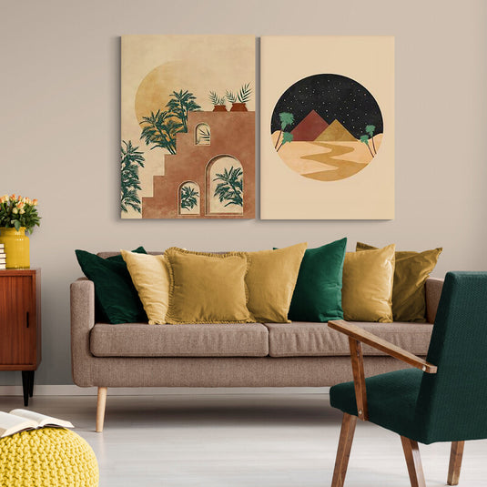 Paisaje boho con atardecer y elementos celestiales