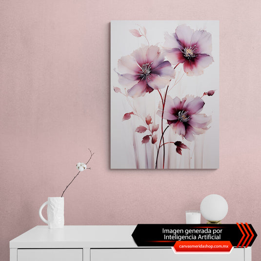 Trío de flores moradas con toques blancos en fondo blanco y rosa, estilo acuarela con pétalos rojo quemado