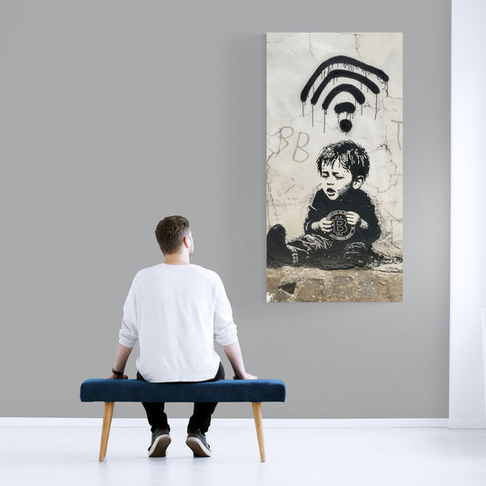 Niño con Bitcoin y señal de WiFi en arte urbano
