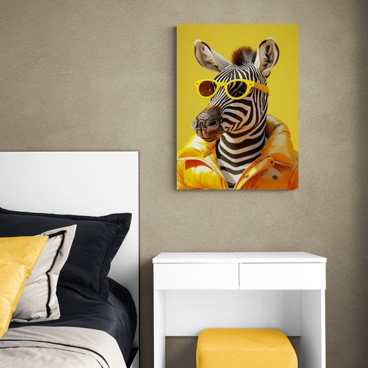 Cuadro moderno de cebra con gafas de sol y chaqueta amarilla en fondo amarillo, estilo pop art divertido.