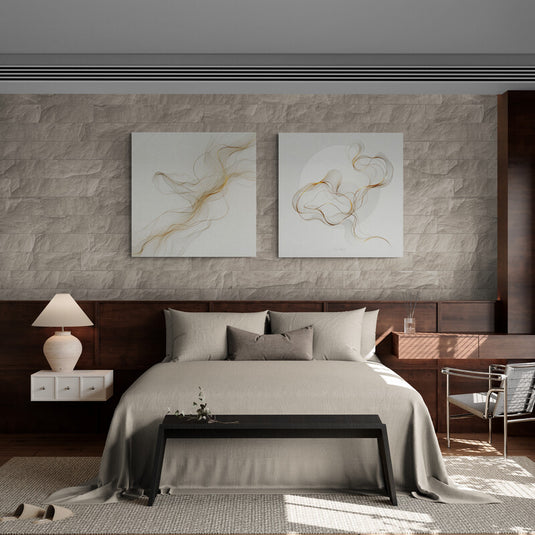 cuadros abstractos de líneas curvas doradas