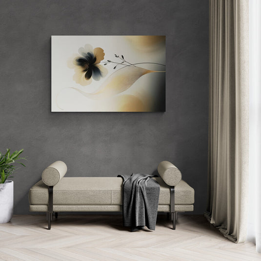 Obra de arte digital de flor estilizada con pétalos en gradiente y rama delicada sobre fondo dorado