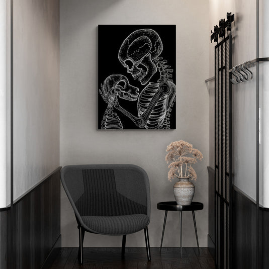 Arte de Esqueletos Humanos y Caninos Abrazados