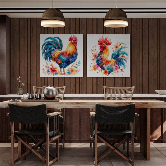 Cuadro decorativo de gallos en acuarela con flores coloridas en estilo artístico vibrante y moderno.