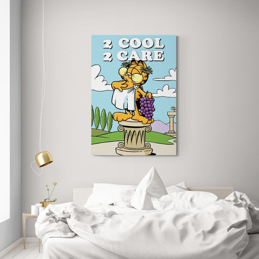 Garfield como dios romano con la frase "2 Cool 2 Care".