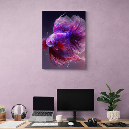 Cuadro decorativo de pez betta en tonos lilas y magentas