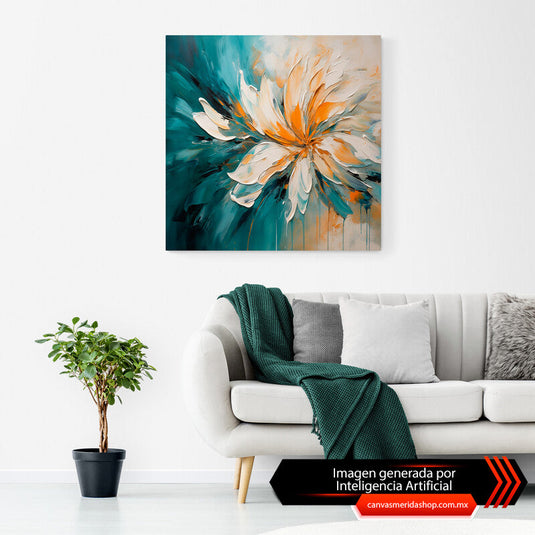 Flor abstracta en tonos aqua y naranja
