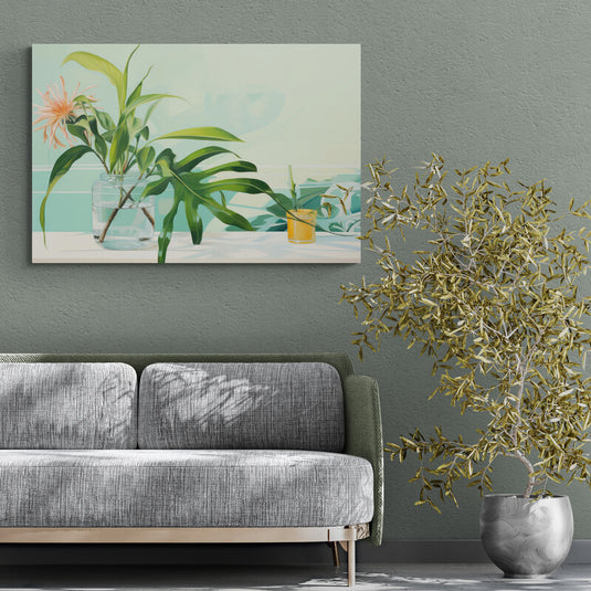 Pintura en acuarela de planta verde en jarra de vidrio con fondo aqua y vaso amarillo