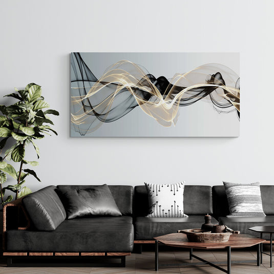 Lienzo abstracto con líneas fluidas en tonos negros y dorados para sala moderna.