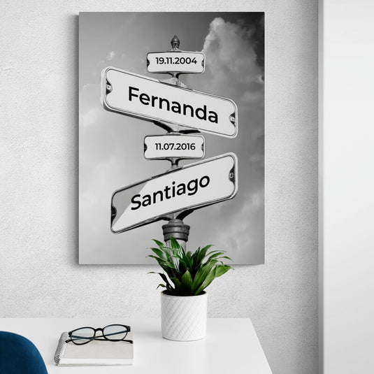 Letrero 2 nombres y 2 fechas personalizables (fondo cielo) - Canvas Mérida Cuadros Decorativos