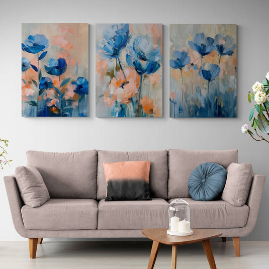 Cuadro decorativo de flores abstractas en tonos azul y melocotón estilo espátula, arte moderno para sala o recámara