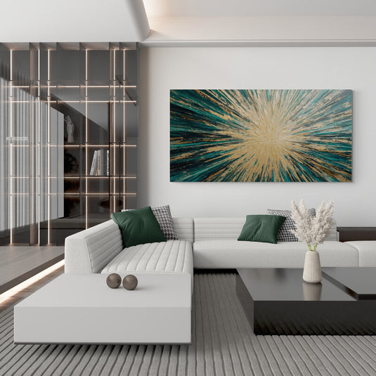 Cuadro abstracto con explosión de luz en verde y dorado