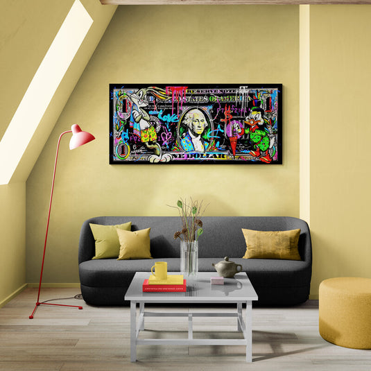 Cuadro decorativo urbano de billete de dólar con arte pop y grafiti colorido para sala moderna