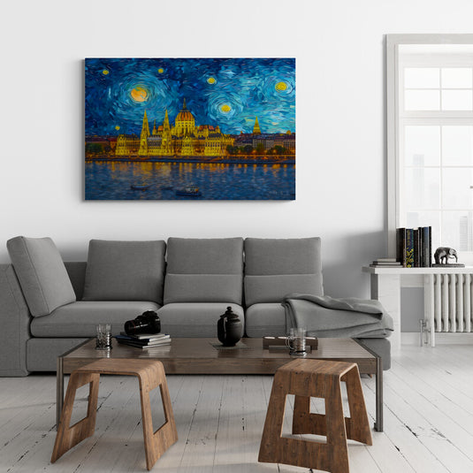 Cuadro de ciudad nocturna iluminada bajo cielo estrellado azul