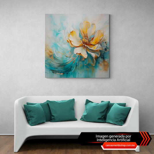 Flor ocre en tonos aqua y crema