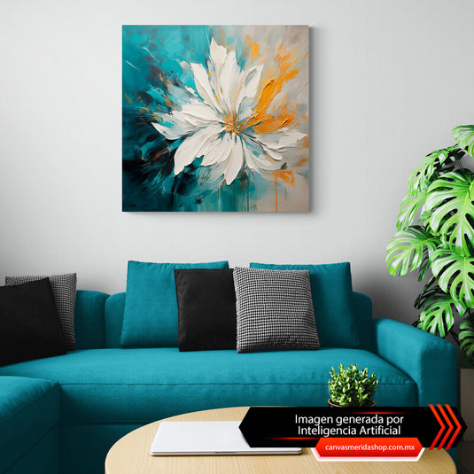 Flor abstracta en fondo aqua y blanco con toque de naranja, fondo crema