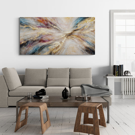 Pintura abstracta en tonos beige, dorado y azul con efecto de movimiento