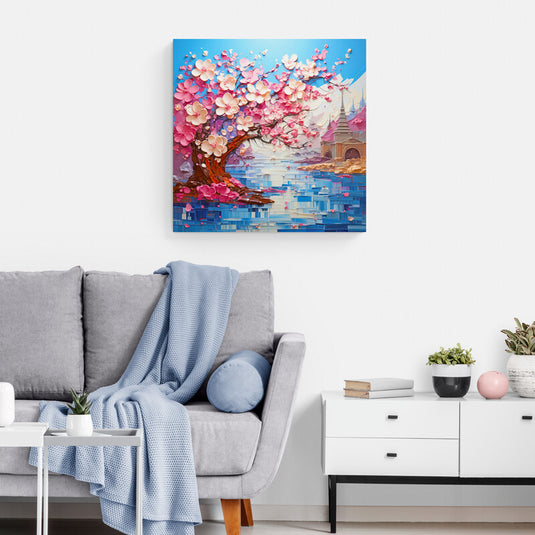 Pintura vibrante de un cerezo en flor con reflejos abstractos de la ciudad.