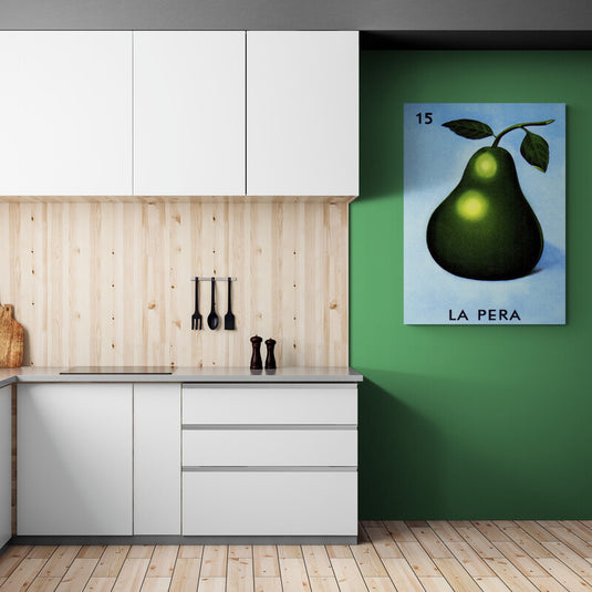 Carta de la Pera de la lotería mexicana: ilustración detallada en verde sobre fondo azul