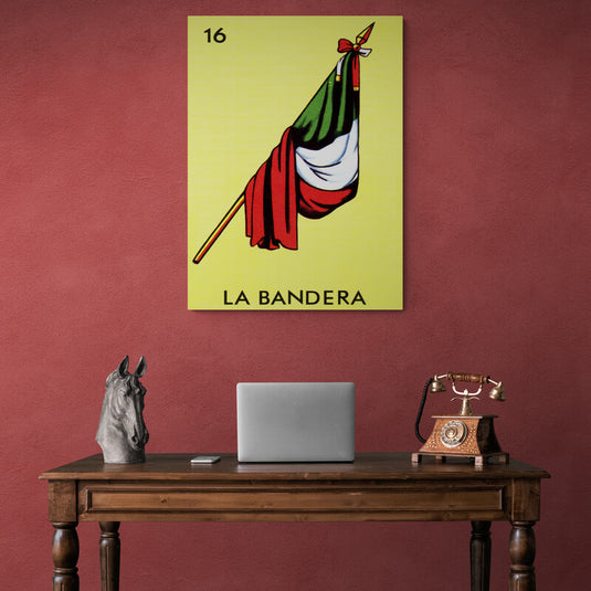 Bandera de la Lotería Mexicana con los símbolos tradicionales