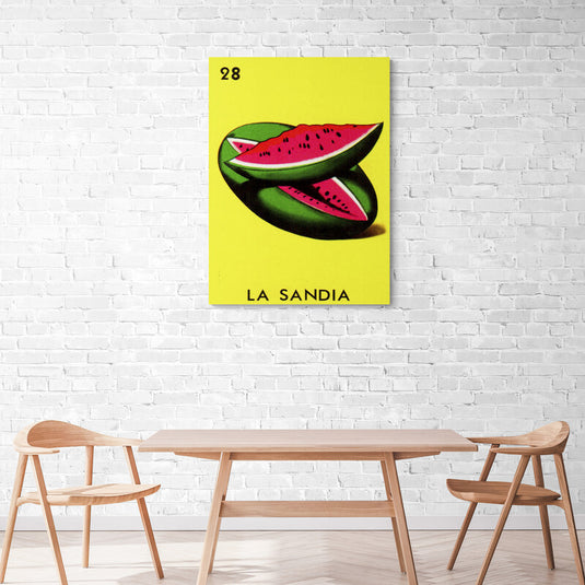 Lotería Mexicana - Carta de la Sandía: Fondo Amarillo, Sandía Verde y Roja con Semillas Negras