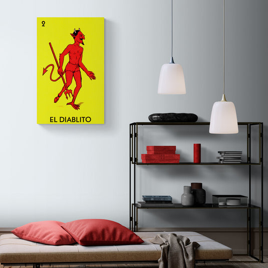 Descripción artística de la carta de lotería del diablito: colores vibrantes y diseño gráfico estilizado