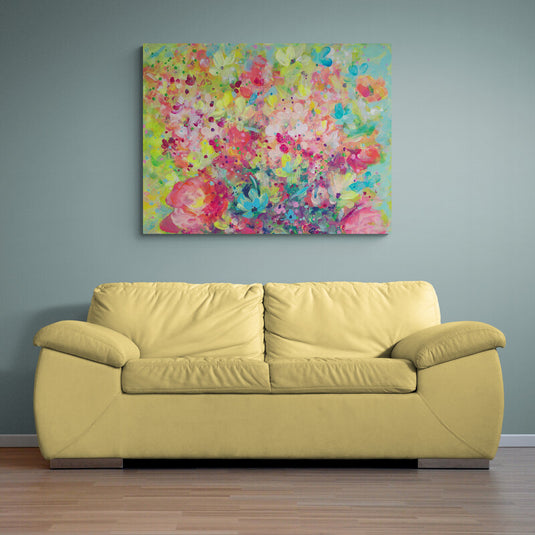 Cuadro Decorativo con Flores Amarillas, Verdes, Rosas y Azules para un Toque Primaveral