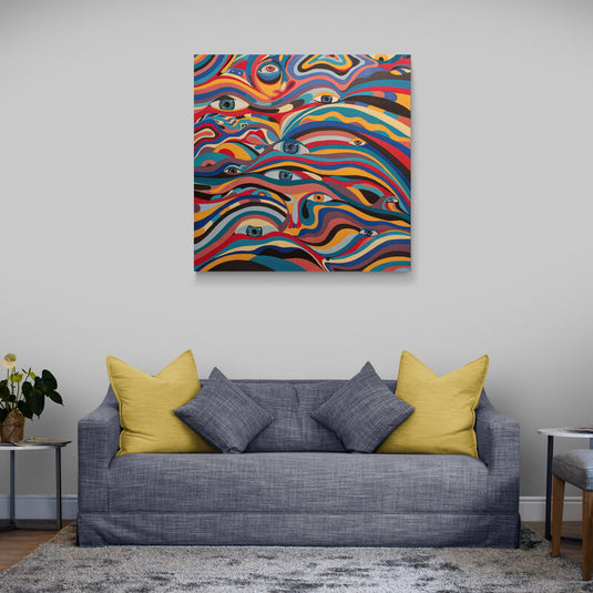 Curvas Enérgicas y Ojos Multicolor en Arte Decorativo Moderno