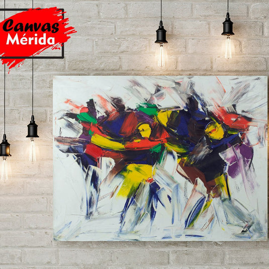 Cuadro abstracto africano con colores vibrantes y figuras en movimiento – arte decorativo moderno en lienzo